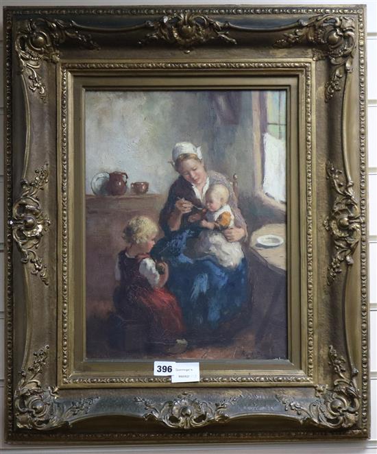 19th century Dutch South African School, oil on canvas, Interior with a mother feeding a baby, a sibling looking on, 39 x 29cm